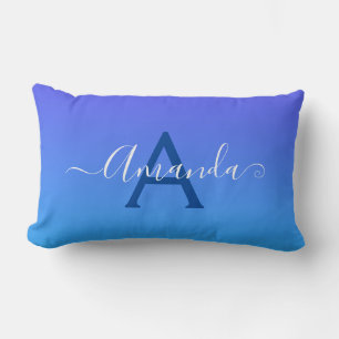 Gradient Blue elegant Monogram and name Lumbar Pillow