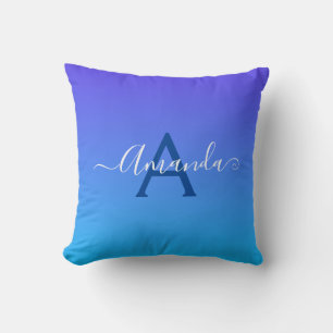Gradient Blue elegant Monogram and name Throw Pillow