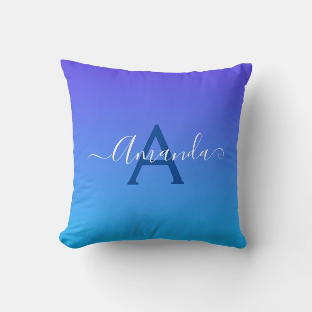 Gradient Blue elegant Monogram and name Throw Pillow (Front)