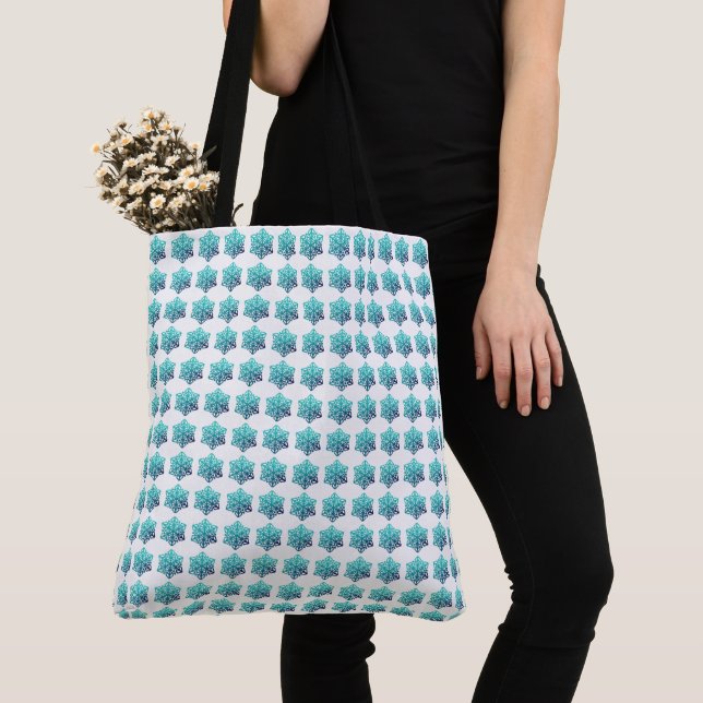 Gradient Blue Green, Navy Snowflakes Tote Bag (Close Up)