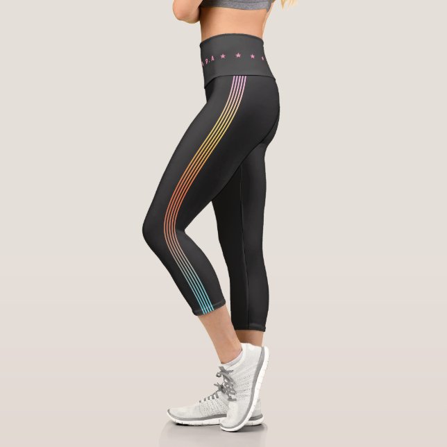 Gradient Blue Orange Pink Stars Stripes Summer Capri Leggings (Left)