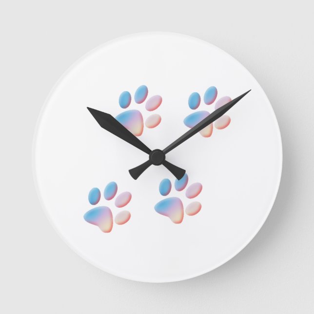 Gradient Blue Pink and Yellow Paw Prints Round Clock (Front)