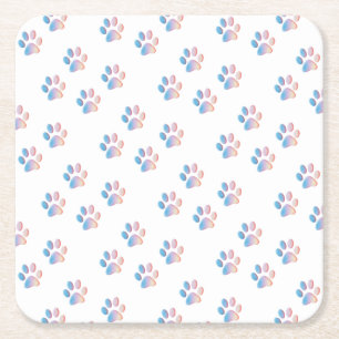 Gradient Blue Pink and Yellow Paw Prints Square Paper Coaster