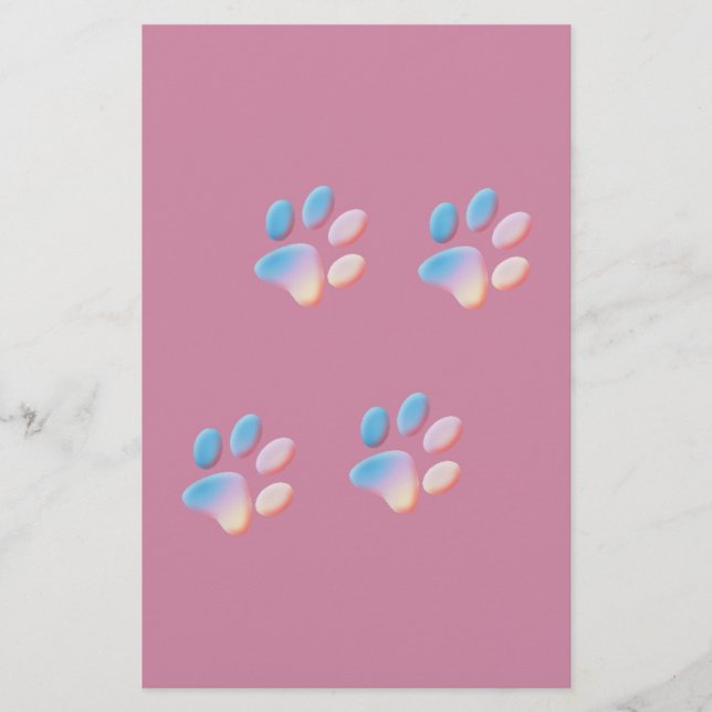 Gradient Blue Pink and Yellow Paw Prints Stationery (Front)