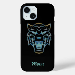 Gradient blue tiger silhouette monogram iPhone 15 case