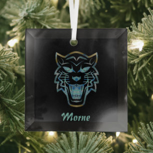 Gradient blue tiger silhouette monogram glass ornament