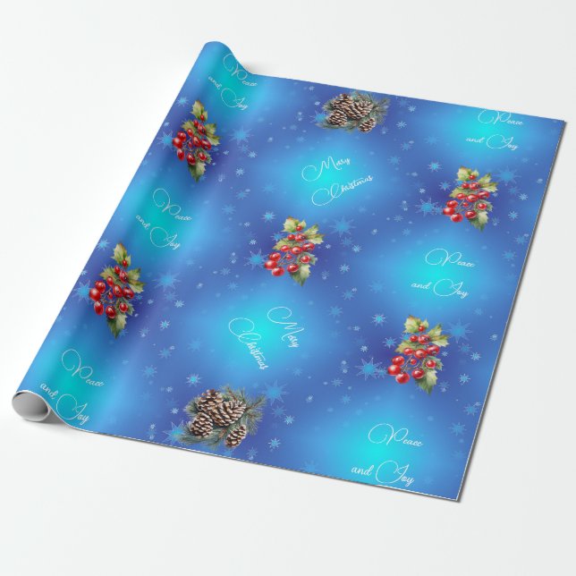 Gradient Blue with Stars Peace and Joy Wrapping Paper (Unrolled)