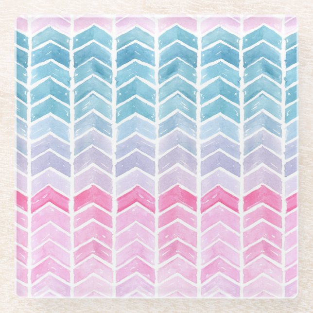 Gradient Chevron: Watercolor Herringbone Pattern. Glass Coaster (Front)