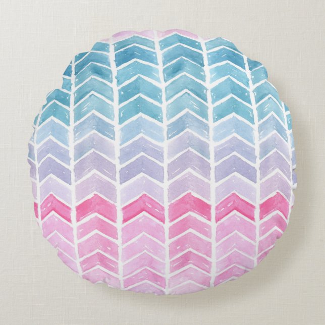 Gradient Chevron: Watercolor Herringbone Pattern. Round Pillow (Front)