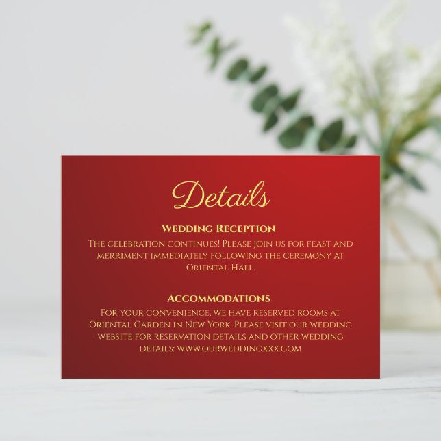 Gradient dark red Chinese wedding details Enclosure Card (Standing Front)