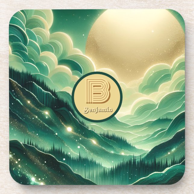 Gradient Emerald Kelly Green Glitter Monogrammed Coaster (Front)