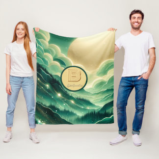 Gradient Emerald Kelly Green Glitter Monogrammed Fleece Blanket