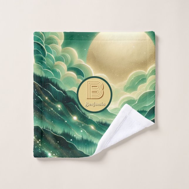 Gradient Emerald Kelly Green Glitter Monogrammed Wash Cloth (Wash Cloth)