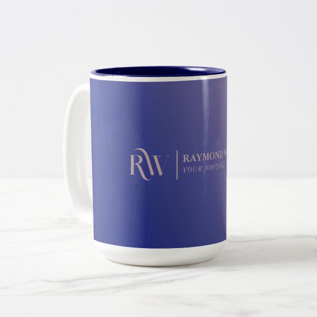 Gradient Faux Rose Gold and Navy Blue Monogrammed Two-Tone Coffee Mug (Front Left)