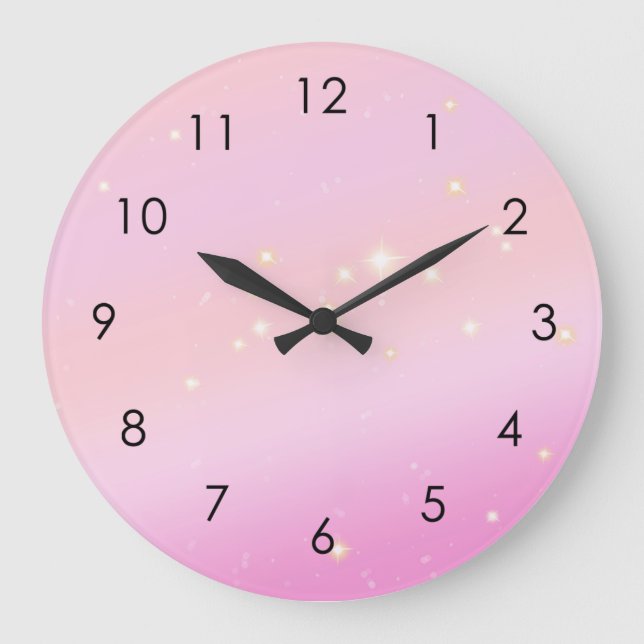Gradient Girly Glam Celestial Glitter Pastel Pink  Large Clock (Front)