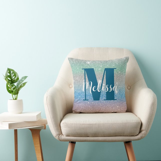 Gradient Glitter Sparkle Monogram Family Name Throw Pillow (Creator Uploaded)