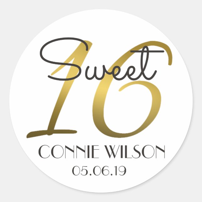 Gradient Gold 16 Personalized Sweet 16 Birthday Classic Round Sticker (Front)