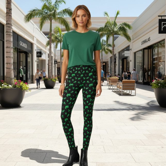 Gradient Green Irish Shamrock Pattern on Black Leggings (Gradient Green Irish Shamrock Pattern on Black Leggings)