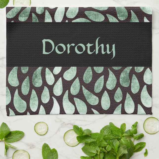 Gradient green petals on black kitchen towel (Folded)