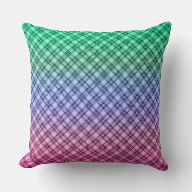 Gradient grid chequered plaid tartan pattern pink throw pillow (Front)