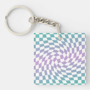Gradient Ombre Blue Lilac Warped Check Chequered Keychain
