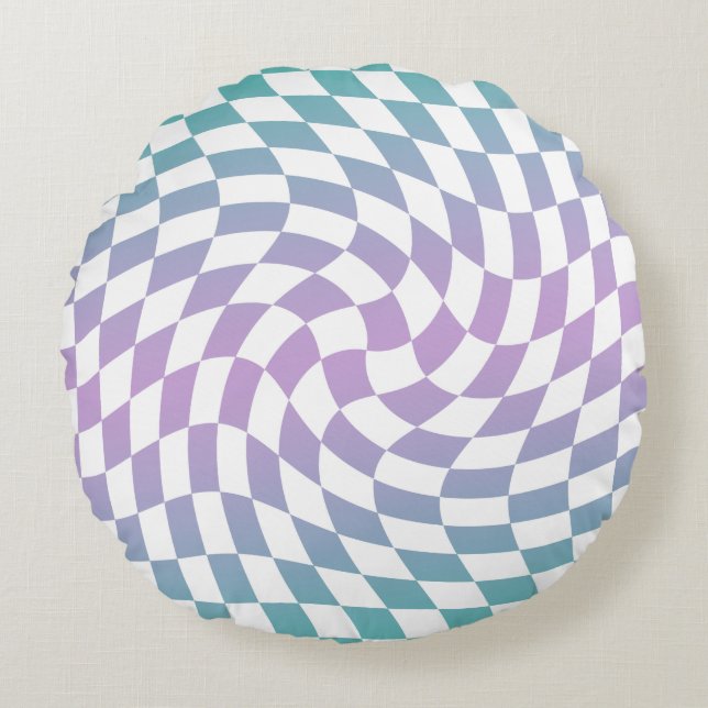 Gradient Ombre Blue Lilac Warped Check Chequered   Round Pillow (Front)