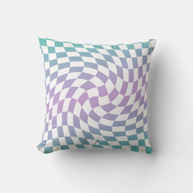Gradient Ombre Blue Lilac Warped Check Chequered   Throw Pillow (Front)