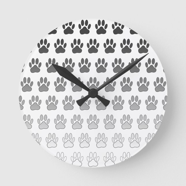 Gradient Paw Prints in Black & White & Grey Round Clock (Front)