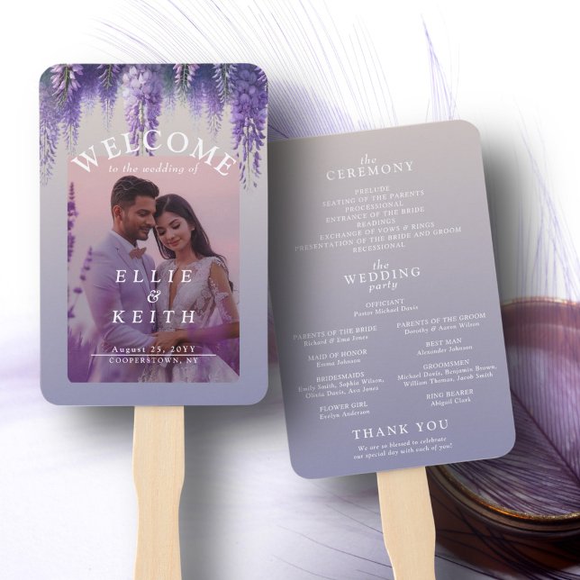 Gradient Purple Floral Photo Wedding Program Hand Fan (Creator Uploaded)