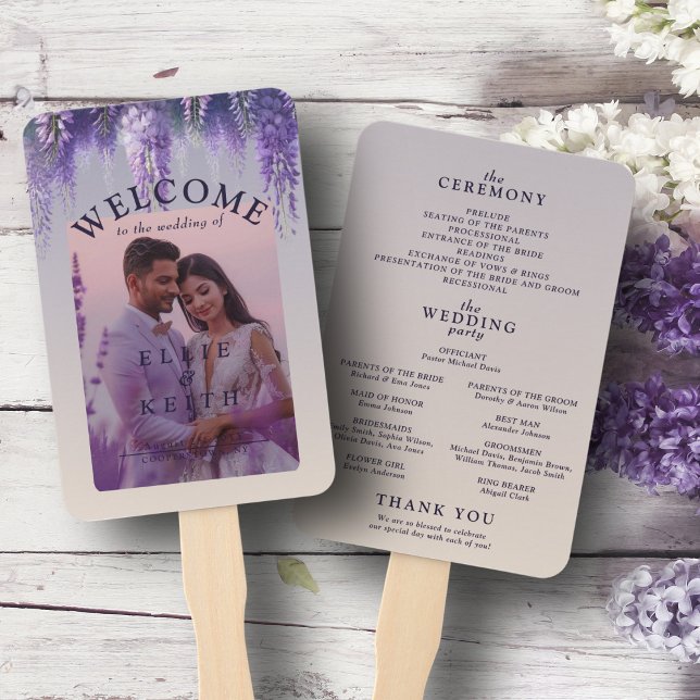 Gradient Purple Floral Photo Wedding Program Hand Fan (Creator Uploaded)