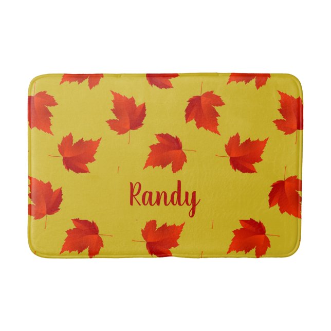 Gradient red dry leaves custom name yellow bath mat (Front)