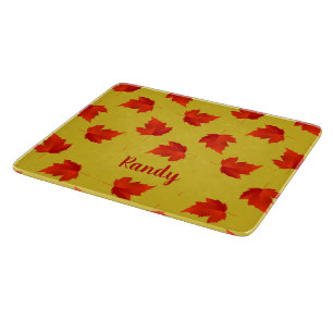 Gradient red dry leaves custom name yellow cutting board