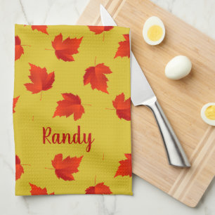 Gradient red dry leaves custom name yellow kitchen towel