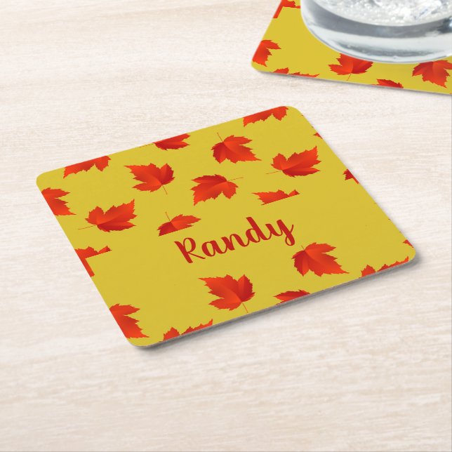 Gradient red dry leaves custom name yellow square paper coaster (Angled)