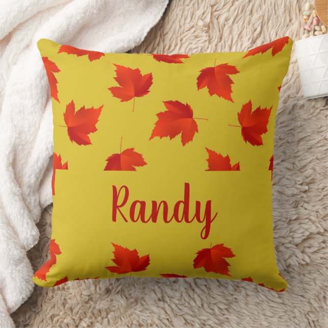 Gradient red dry leaves custom name yellow throw pillow (Blanket)