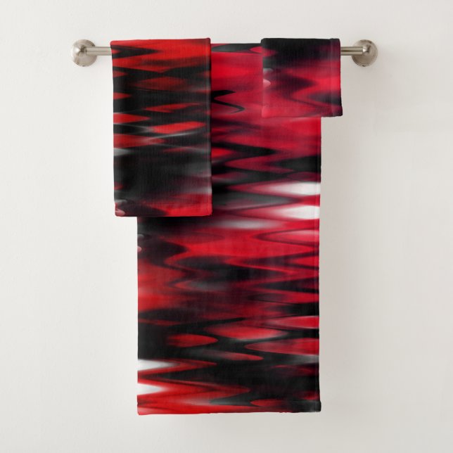 Gradient red to black fund forming abstract zigzag bath towel set (Insitu)