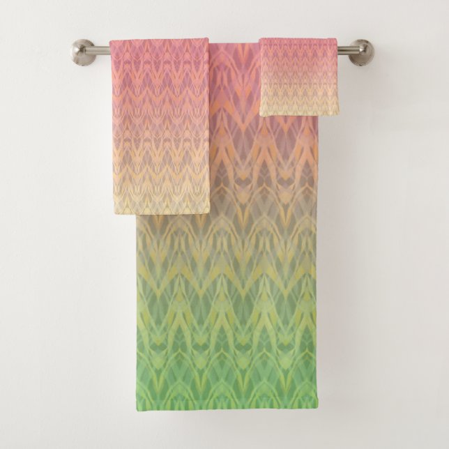 Gradient soft pastel colours ornamental pink green bath towel set (Insitu)
