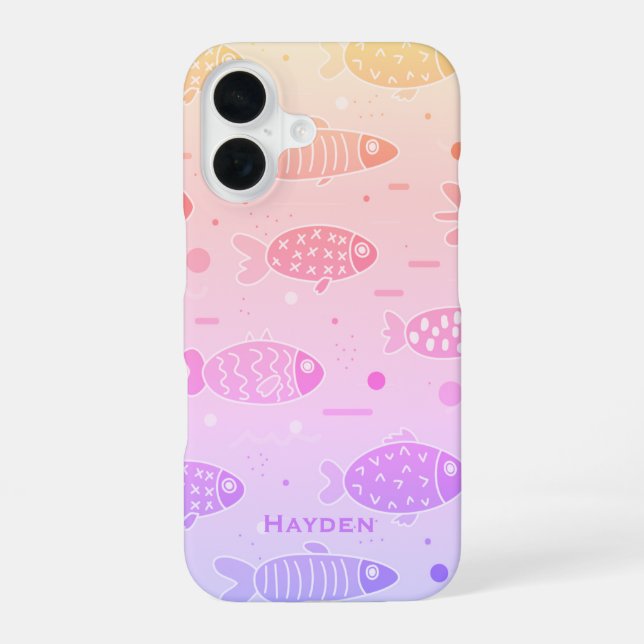 Gradient Sunset Fish Pattern Modern Personalised iPhone 16 Case (Back)