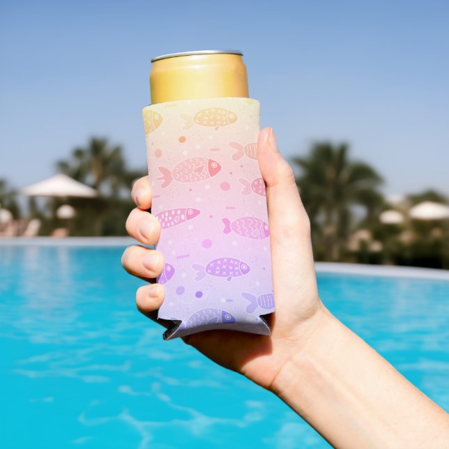 Gradient Sunset Fish Pattern Modern Seltzer Can Cooler (In Situ Pool)