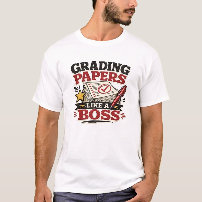 Grading Papers Like A Boss Funny Teacher Retro T-Shirt (Front)