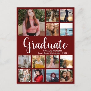 Graduate 13 Photo Collage Dark Red Graduation Announcement Postcard