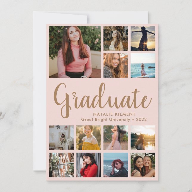 Graduate 13 Photo Collage Pink & Gold Graduation Announcement (Front)