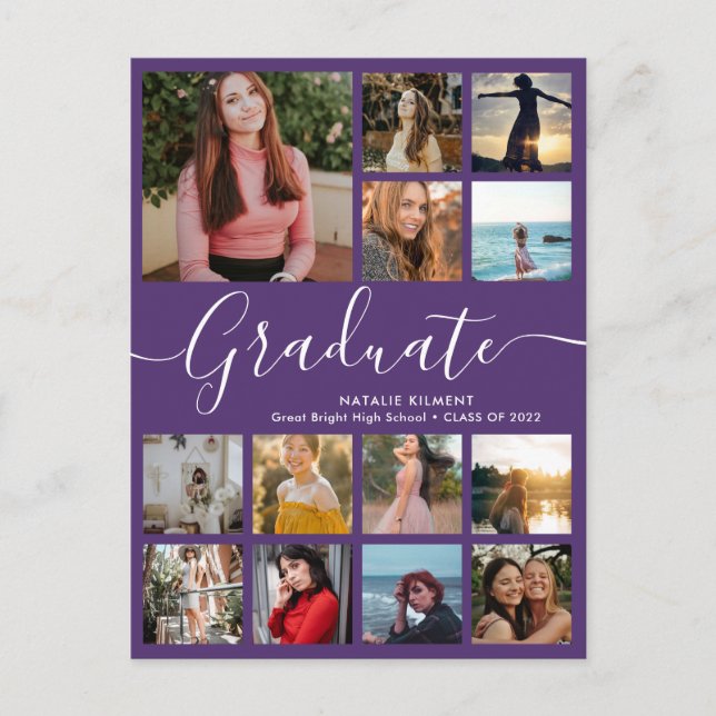 Graduate 13 Photo Collage Purple Graduation Announcement Postcard (Front)