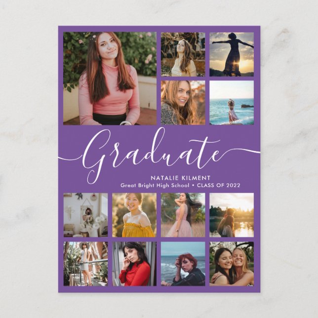 Graduate 13 Photo Collage Purple Graduation Announcement Postcard (Front)
