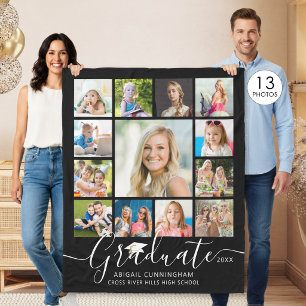 Graduate 13 Photo Collage Script Custom Colour Fleece Blanket