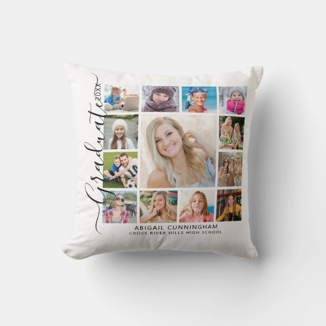 Graduate 13 Photo Collage Script Keepsake Throw Pillow (Front)