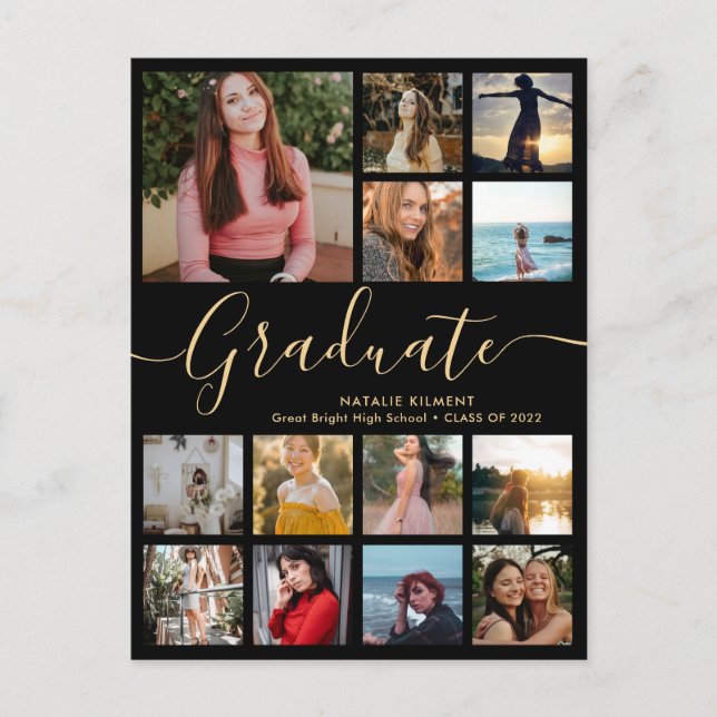 Graduate 14 Photo Collage Black & Gold Graduation Announcement Postcard (Front)