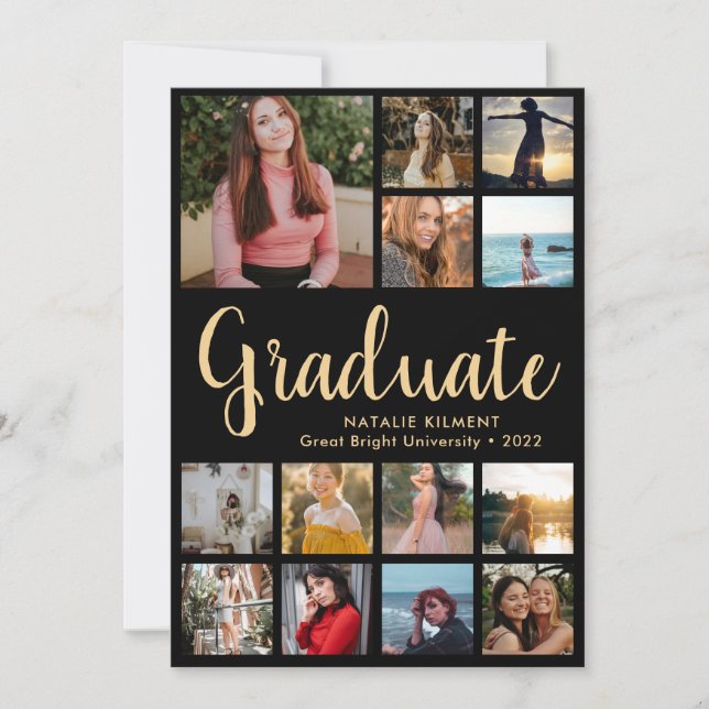 Graduate 14 Photo Collage Black & Gold Graduation Invitation (Front)