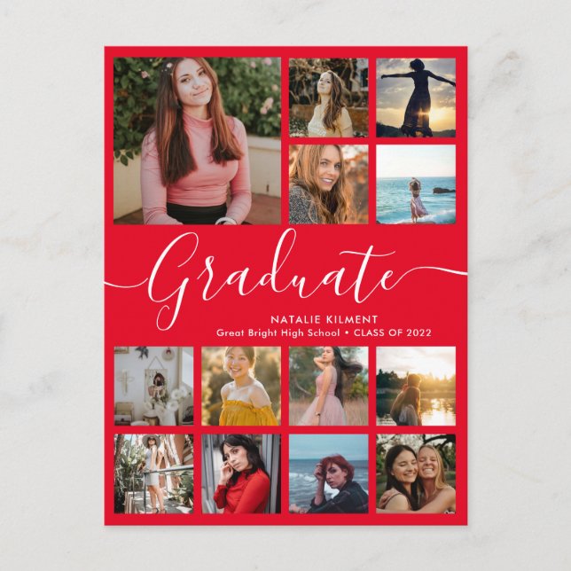 Graduate 14 Photo Collage Red and White Graduation Announcement Postcard (Front)