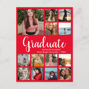 Graduate 14 Photo Collage Red and White Graduation Announcement Postcard